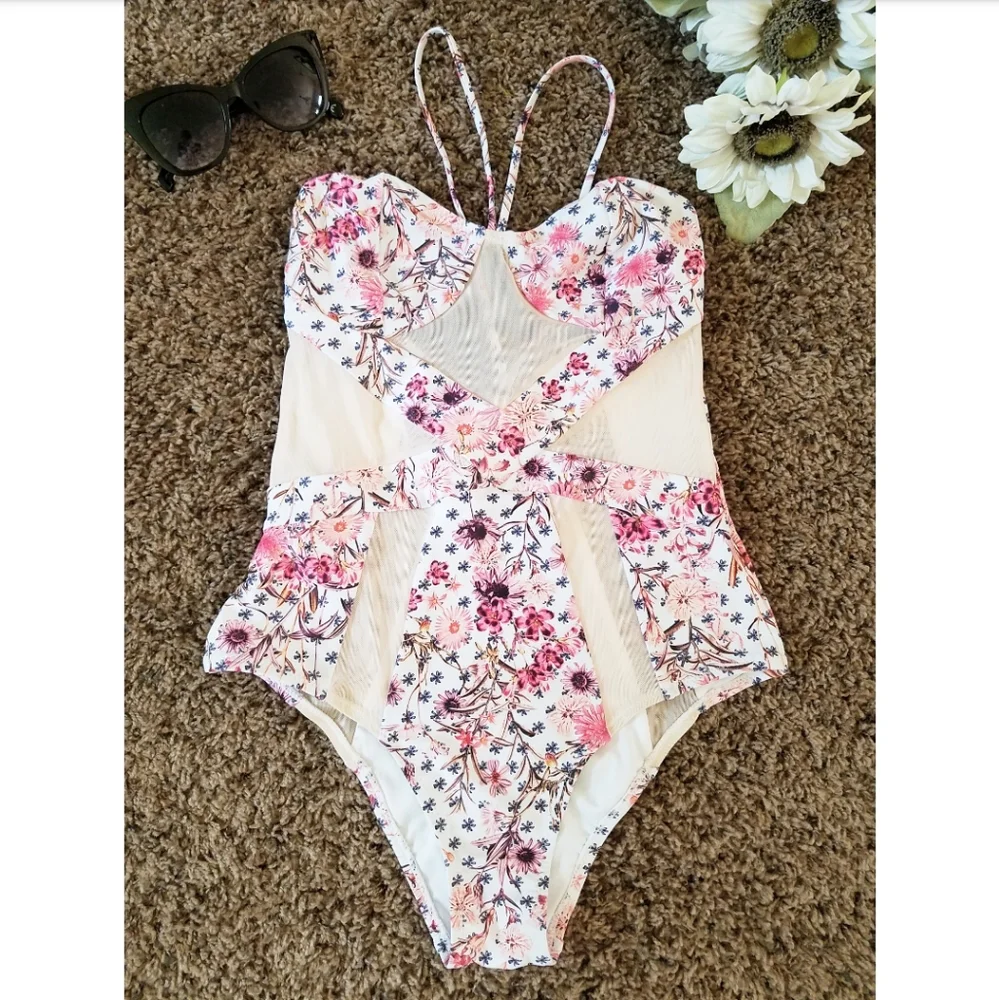 Anthropologie Pink Floral Cutout One-Piece Swimsuit